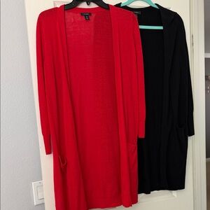 Open-Front Long Cardigan Sweater - Red and Black